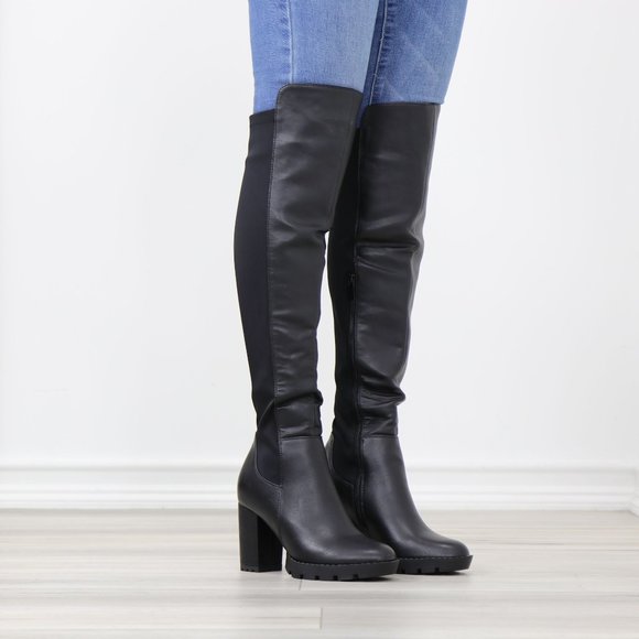 Black Faux Leather Round Toe Thigh High Over The Knee Lug Block Heel Boots - Picture 2 of 15